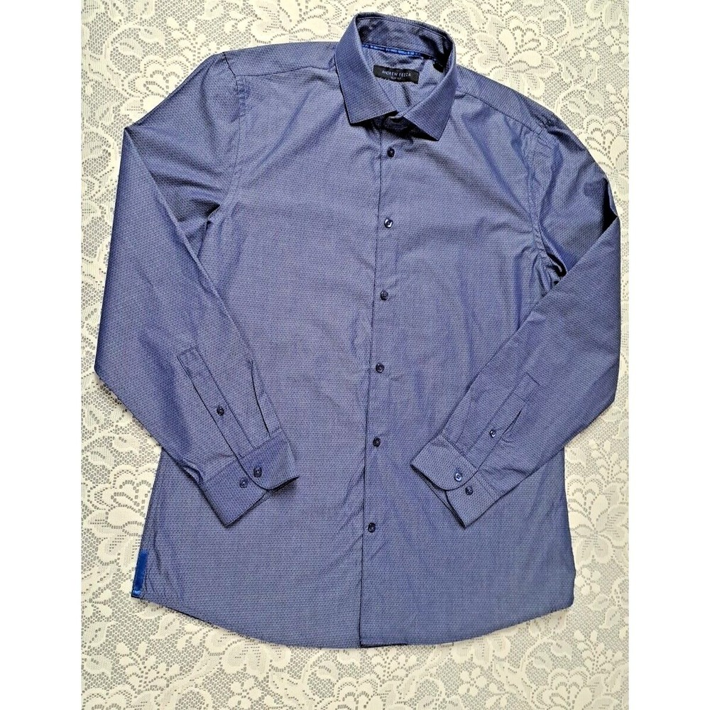 Andrew Fezza Slim Fit Blue White‎ Button Down Shirt Men Size 16-16 1/2 (34/35)